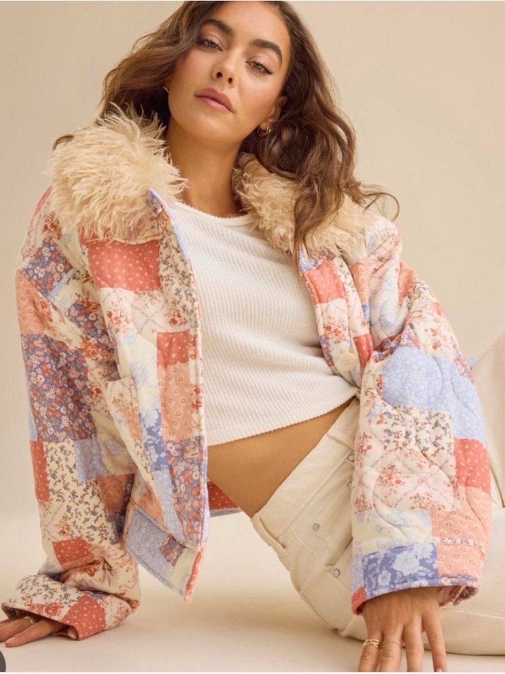Floral Patchwork Quilted Jacket with Faux-Shearling Collar - Cream & Coral - Picture 2 of 6